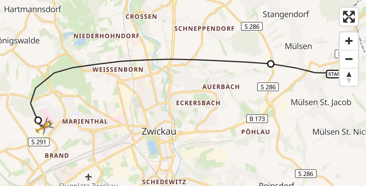 Flugroute Rettungshubschrauber Mülsen - ADAC Air Rescue Station Zwickau Heliport, 16 März 2026, 17:26