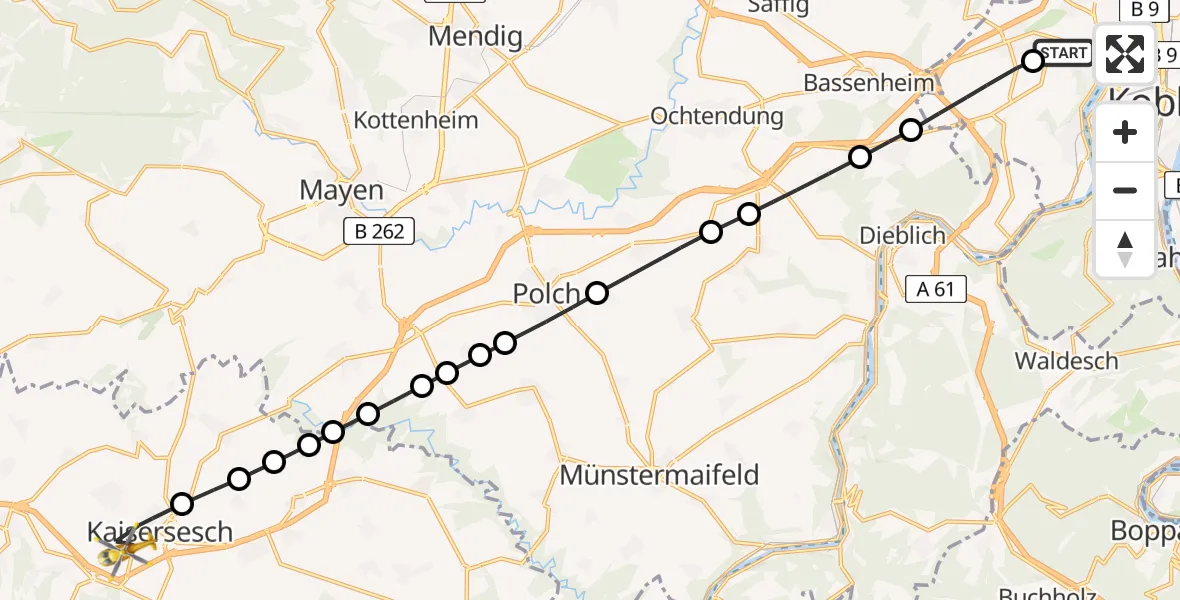 Flugroute Rettungshubschrauber Koblenz - Kaisersesch, 16 März 2026, 17:30
