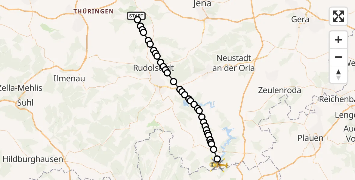Flugroute Ambulanzhubschrauber Bad Berka - Rosenthal am Rennsteig, 16 März 2026, 17:36