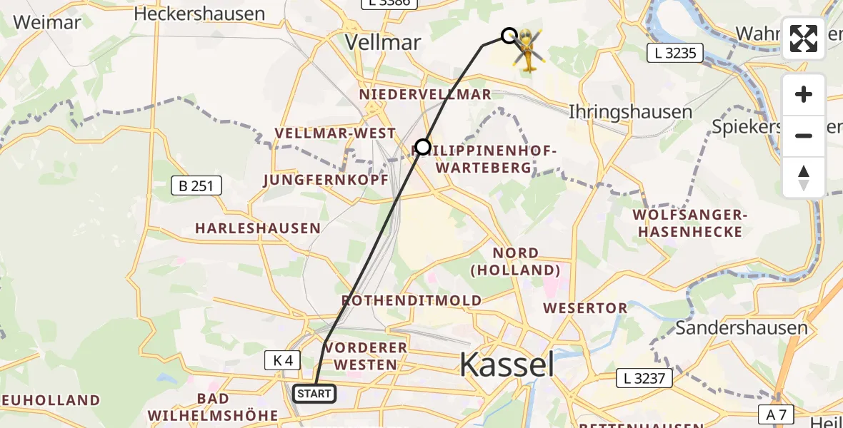 Flugroute Rettungshubschrauber Kassel - Fuldatal Federal Police Heliport, 16 März 2026, 17:42