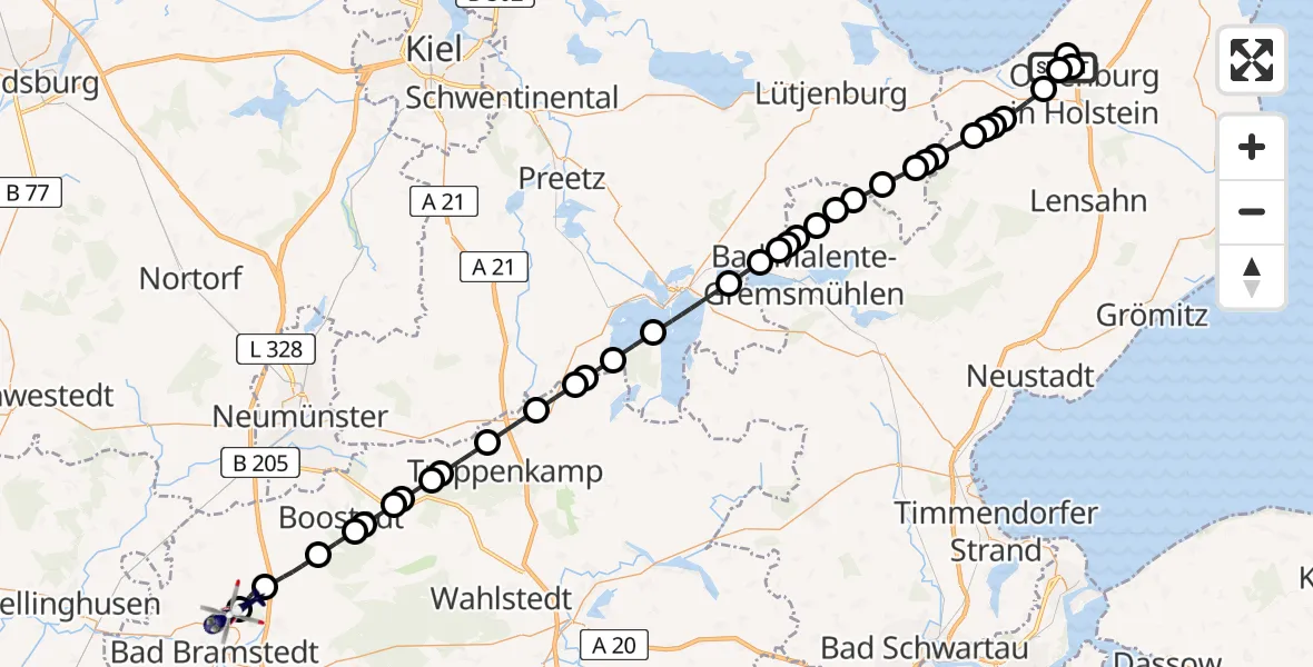 Flugroute Polizeihubschrauber Oldenburg in Holstein - Bad Bramstedt Heliport, 16 März 2026, 17:55