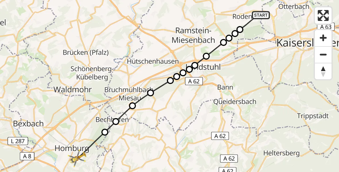 Flugroute Rettungshubschrauber Rodenbach - Homburg, 16 März 2026, 18:00