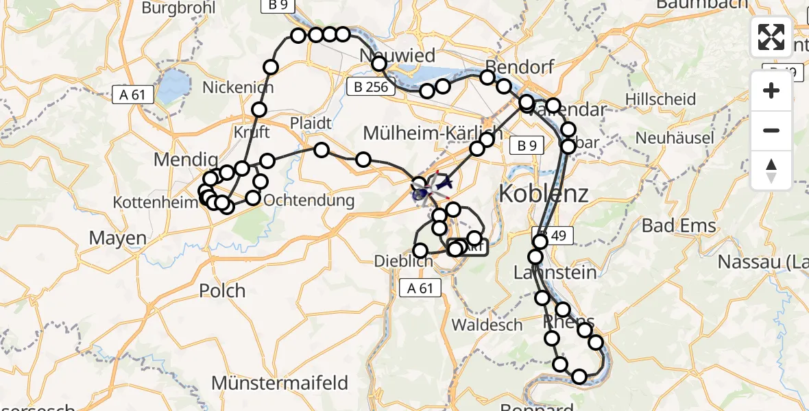 Flugroute Polizeihubschrauber Koblenz-Winningen Airfield - Rübenach, 16 März 2026, 18:13
