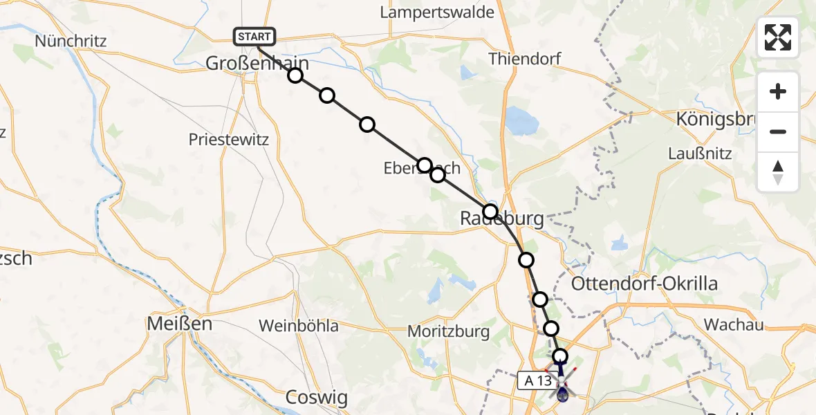 Flugroute Polizeihubschrauber Großenhain - Dresden Airport, 16 März 2026, 19:22