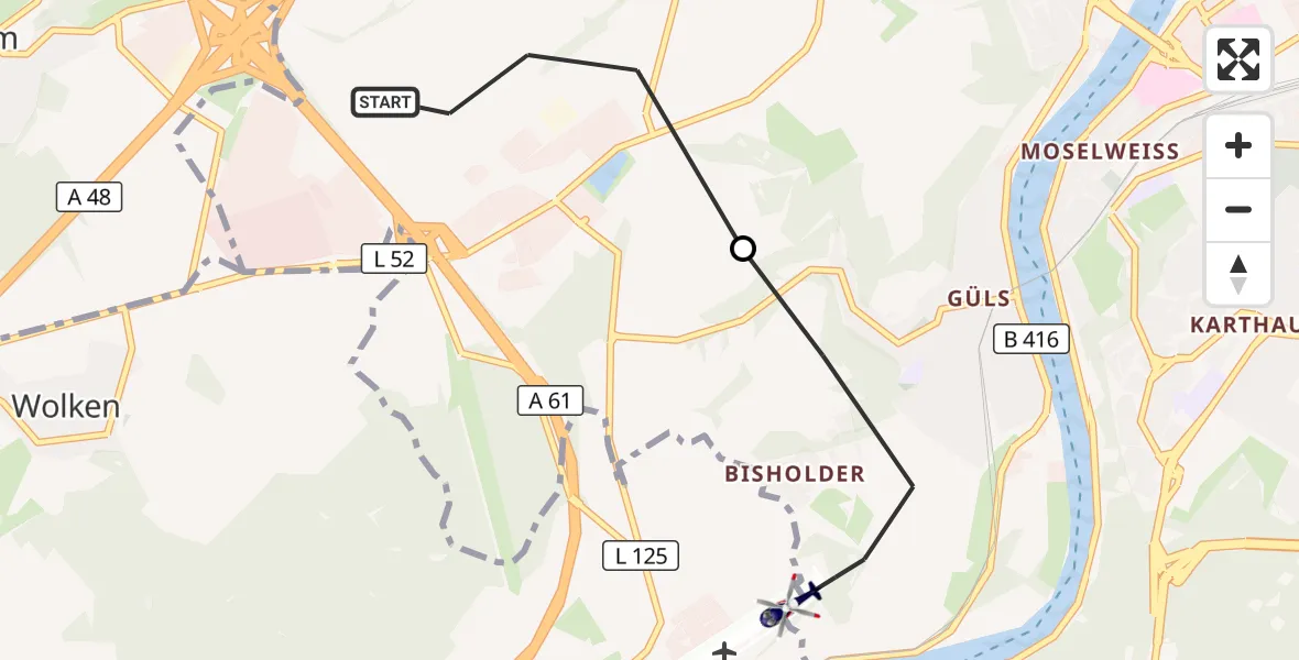 Flugroute Polizeihubschrauber Rübenach - Koblenz-Winningen Airfield, 16 März 2026, 19:31