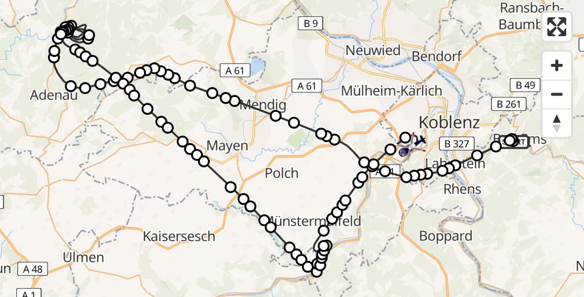 Routekaart van de vlucht: Polizeihubschrauber nach Koblenz-Winningen Airfield