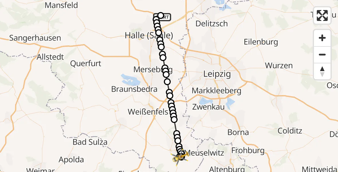 Flugroute Ambulanzhubschrauber Halle-Oppin Airfield - Zeitz Hospital, 16 März 2026, 20:39
