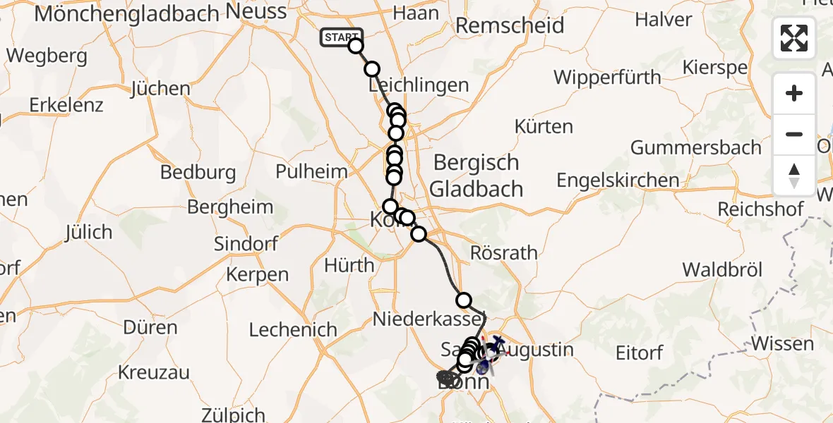 Flugroute Polizeihubschrauber Stadtbezirk 9 - Sankt Augustin, 16 März 2026, 21:24