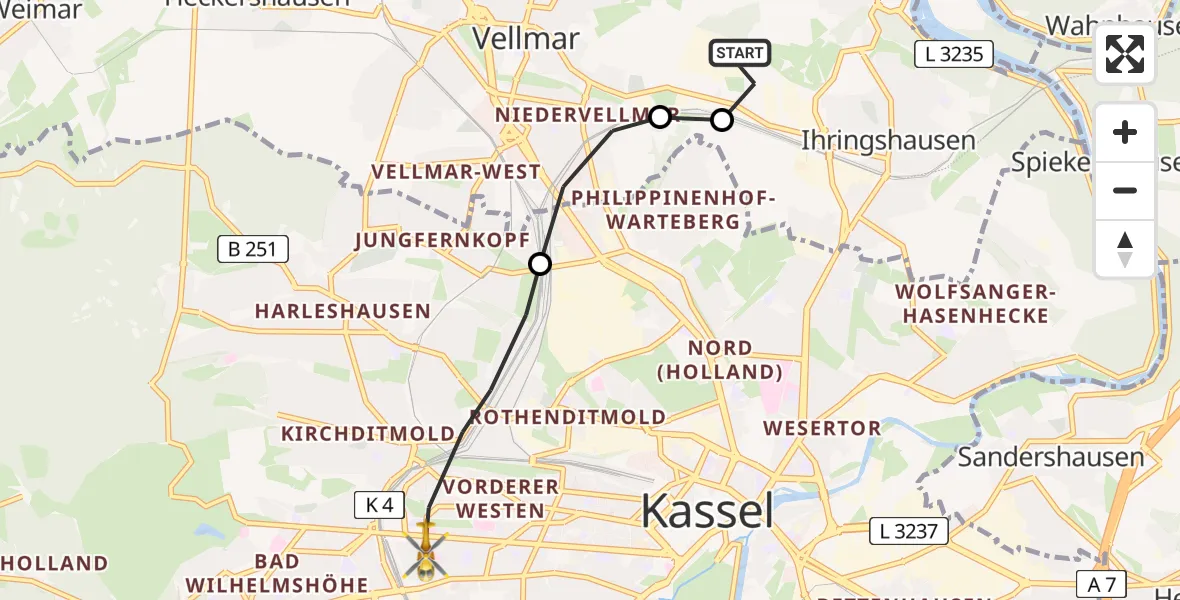 Flugroute Rettungshubschrauber Fuldatal Federal Police Heliport - Kassel, 17 März 2026, 06:00