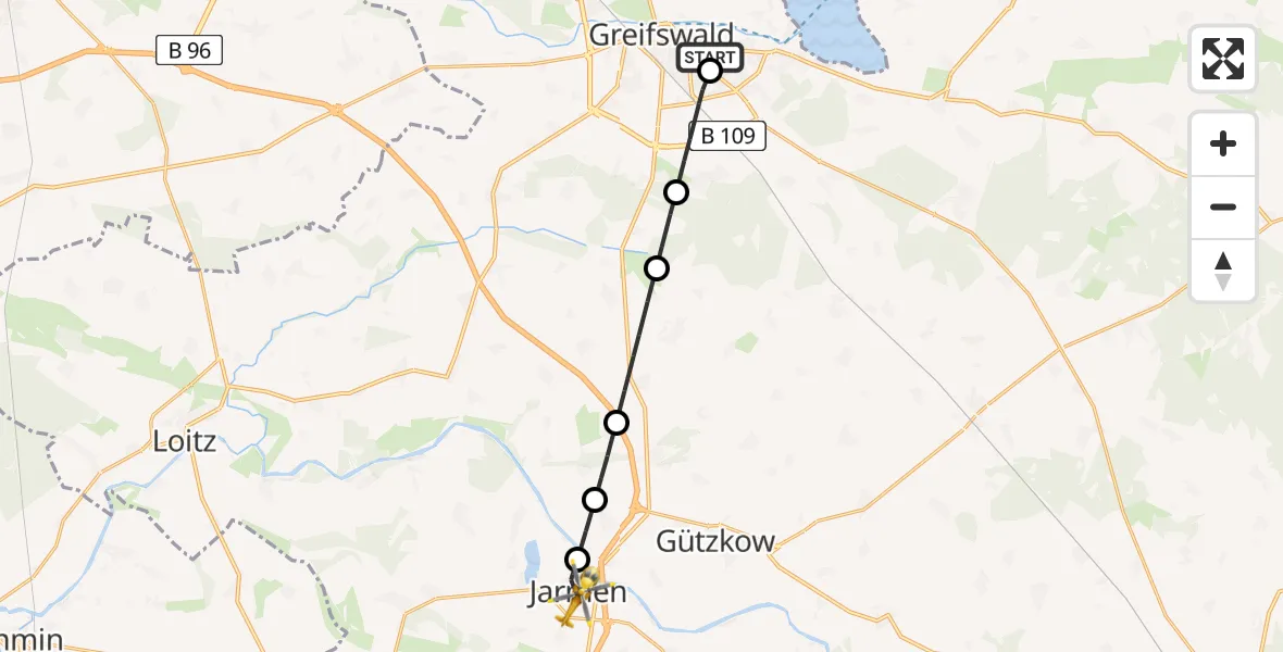 Flugroute Rettungshubschrauber Greifswald Hospital - Jarmen, 17 März 2026, 06:18