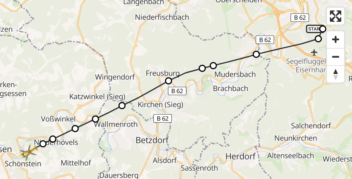 Flugroute Rettungshubschrauber Evangelisches Jung-Stilling Hospital - Blickhauser Wald, 17 März 2026, 06:30