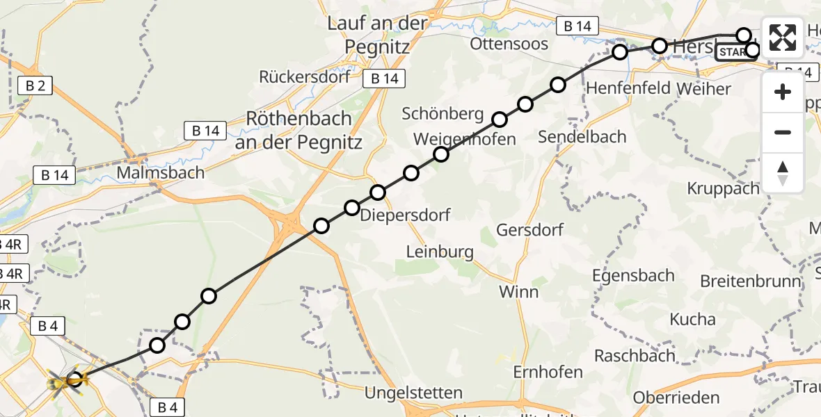 Routekaart van de vlucht: Ambulanzhubschrauber nach Nürnberg South Hospital
