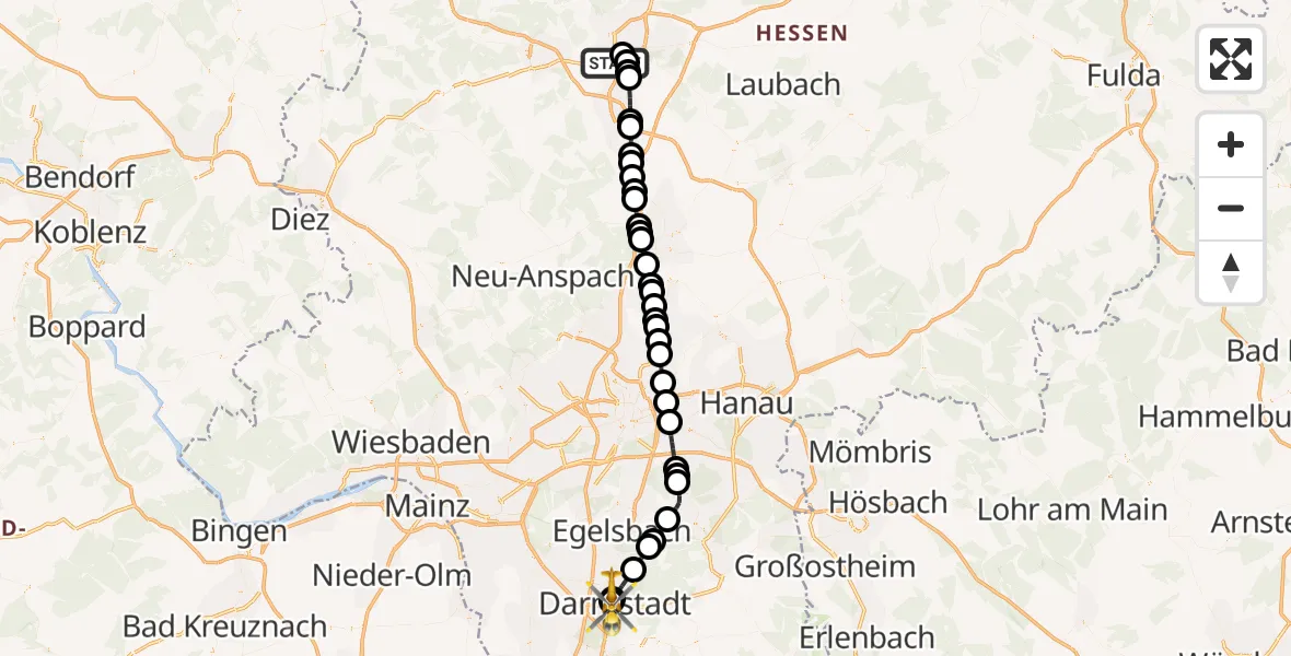 Flugroute Rettungshubschrauber Gießen - Darmstadt Hospital, 17 März 2026, 06:35