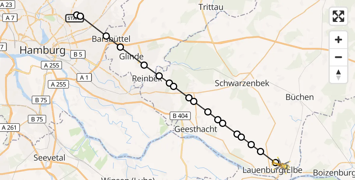 Flugroute Rettungshubschrauber Hamburg Military Hospital - Buchhorst, 17 März 2026, 06:53