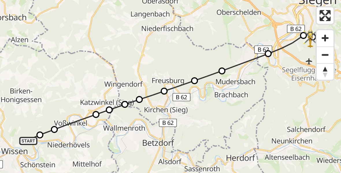 Flugroute Rettungshubschrauber Wissen - Evangelisches Jung-Stilling Hospital, 17 März 2026, 07:04