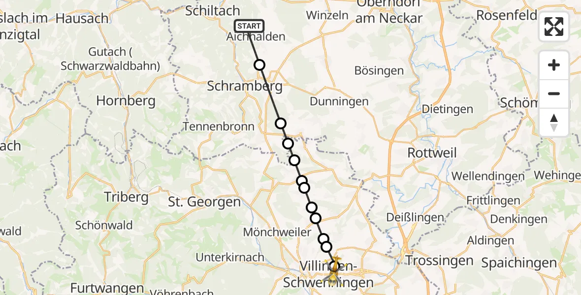 Routekaart van de vlucht: Rettungshubschrauber nach DRF Air Rescue Station Villingen-Schwenningen Heliport (Christoph 11)