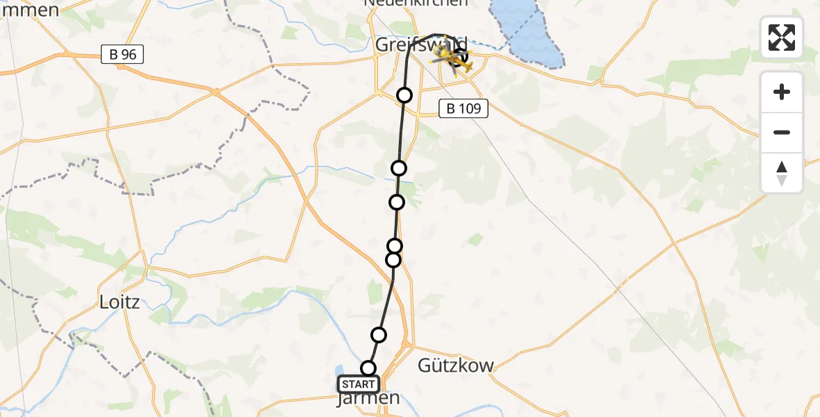 Routekaart van de vlucht: Rettungshubschrauber nach Greifswald Hospital