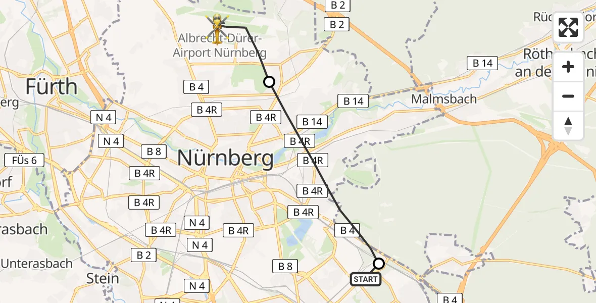 Flugroute Ambulanzhubschrauber Nürnberg South Hospital - Nuremberg Airport, 17 März 2026, 07:24