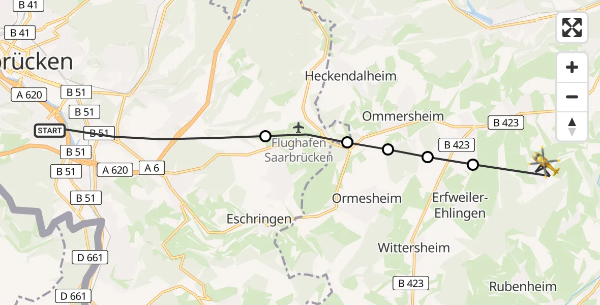 Flugroute Rettungshubschrauber Saarbrücken - Blieskastel, 17 März 2026, 07:51