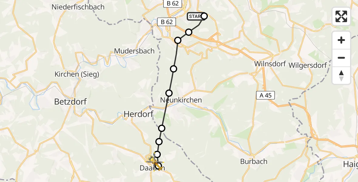 Flugroute Rettungshubschrauber Evangelisches Jung-Stilling Hospital - Biersdorf, 17 März 2026, 07:56