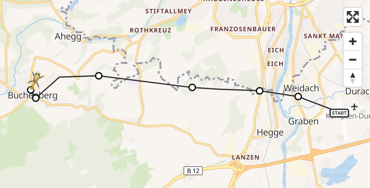 Flugroute Rettungshubschrauber Kempten-Durach Airfield - Ahegg, 17 März 2026, 08:17