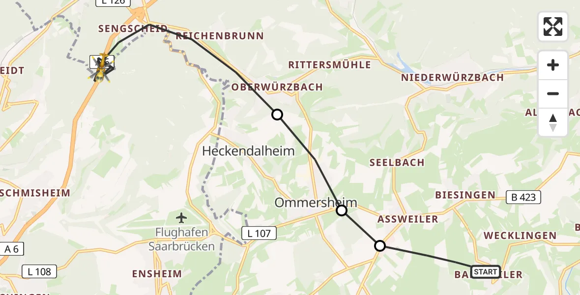 Flugroute Rettungshubschrauber Blieskastel - St. Ingbert, 17 März 2026, 08:31