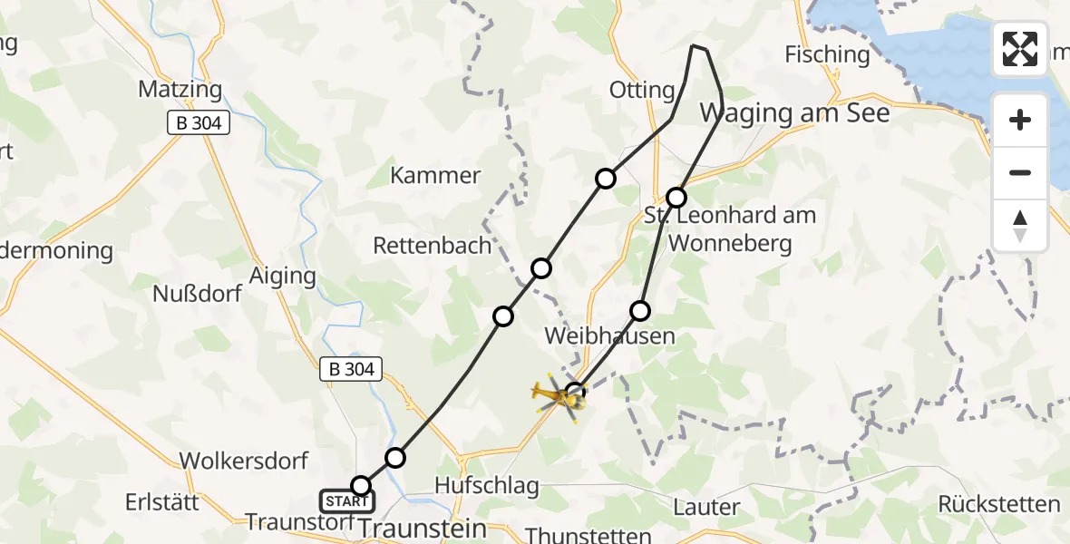 Flugroute Rettungshubschrauber Traunstein Hospital - Weibhausen, 17 März 2026, 08:32