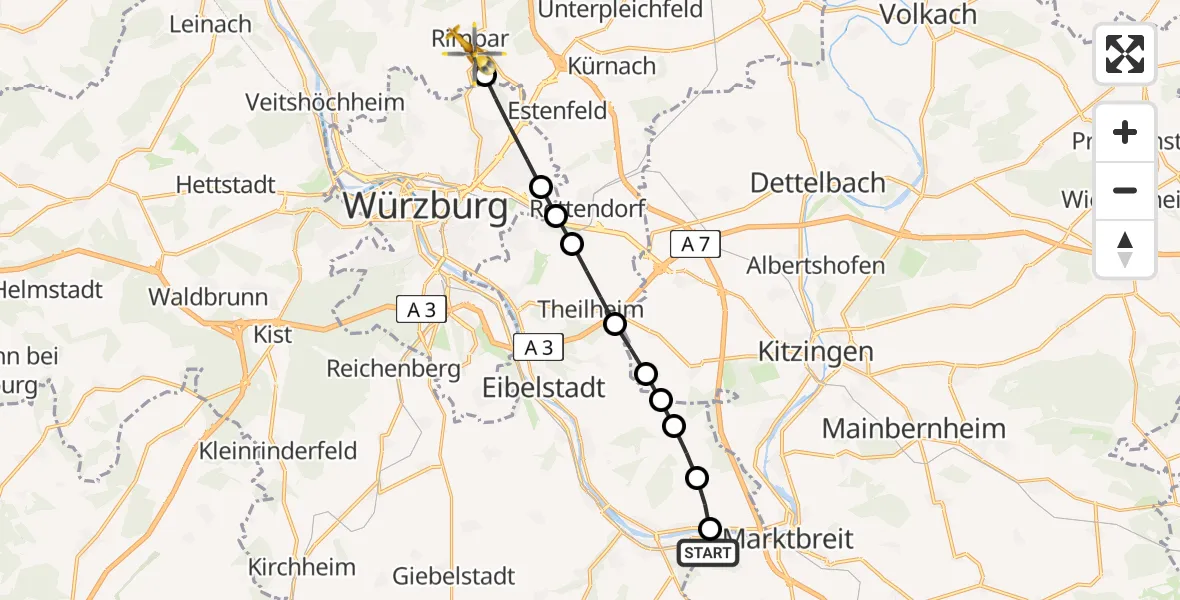 Flugroute Rettungshubschrauber Ochsenfurt - Maidbronn, 17 März 2026, 08:34