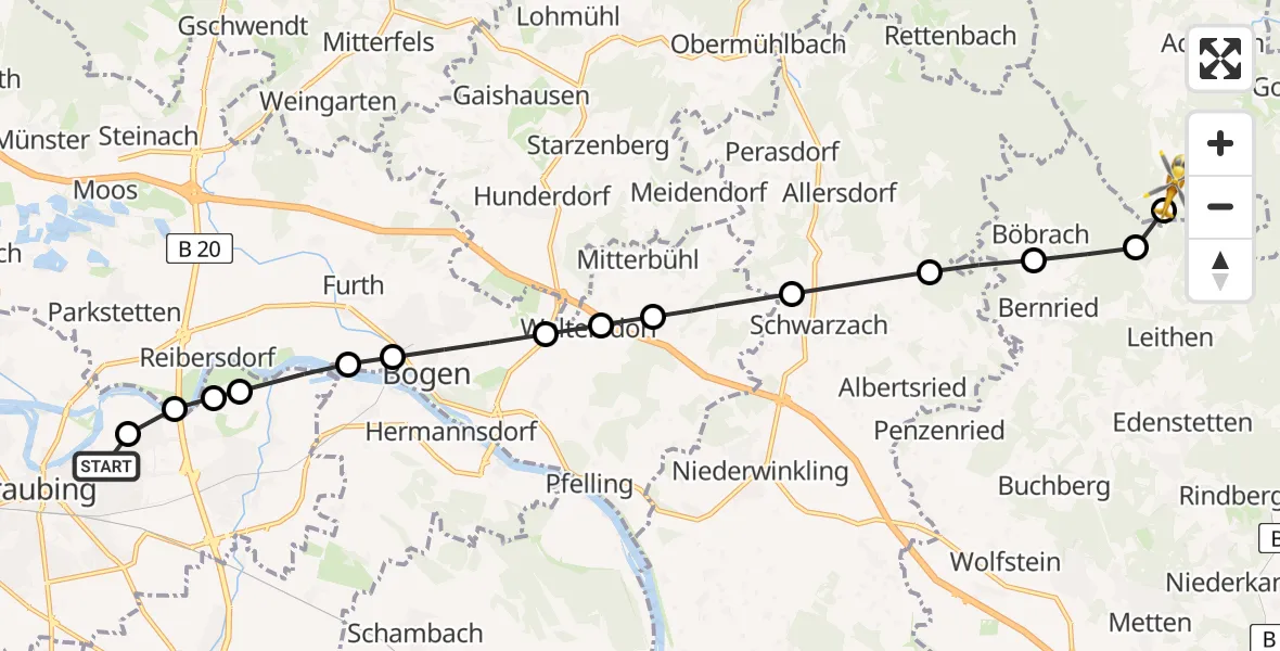 Flugroute Rettungshubschrauber Sankt Elisabeth Hospital Straubing - Achslach, 17 März 2026, 08:36
