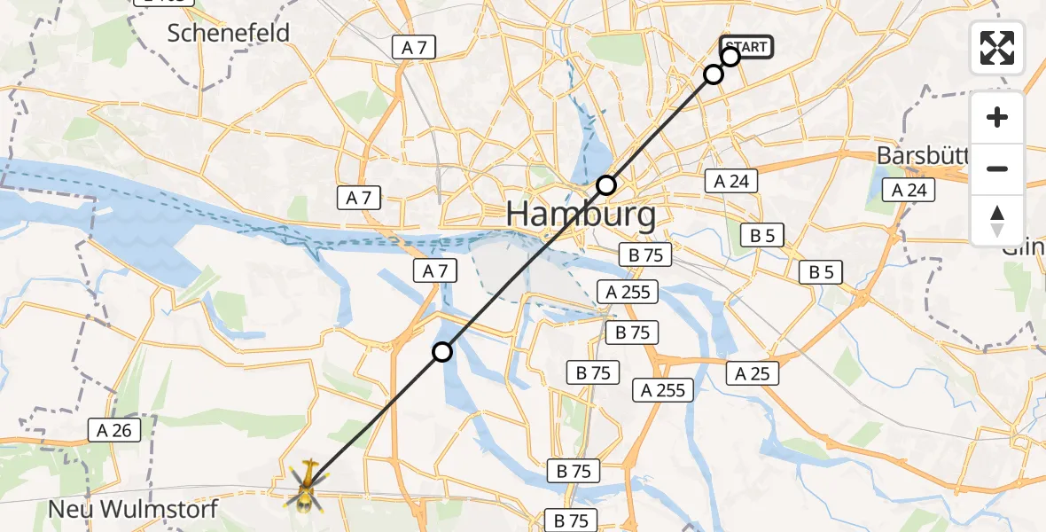 Flugroute Rettungshubschrauber Hamburg Military Hospital - Harburg, 17 März 2026, 08:37