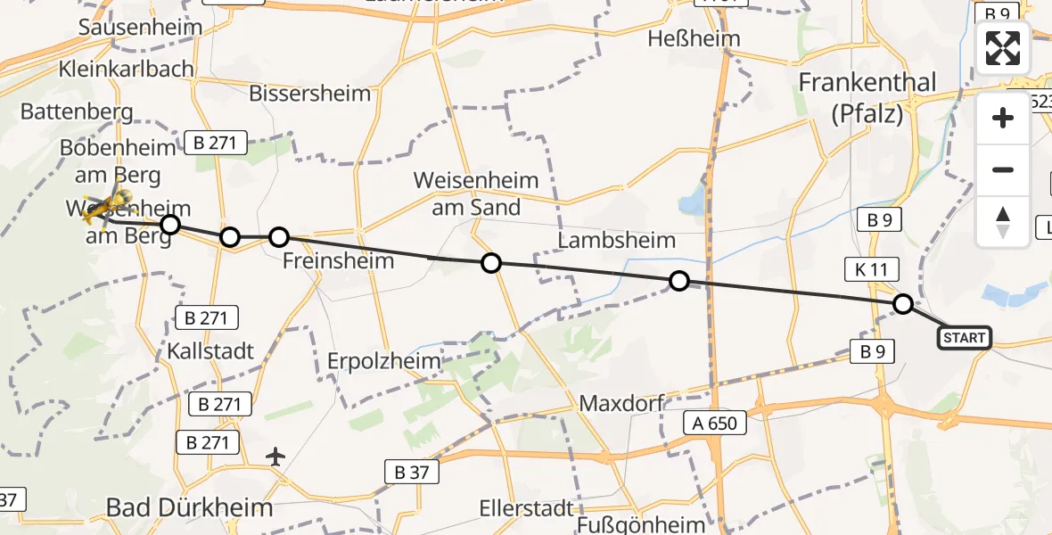 Routekaart van de vlucht: Rettungshubschrauber nach Weisenheim am Berg, Neumayerstraße