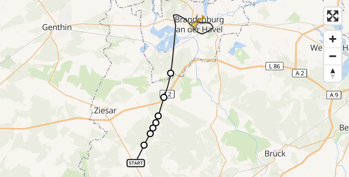 Flugroute Rettungshubschrauber Görzeke - Brandenburg an der Havel, 17 März 2026, 08:41