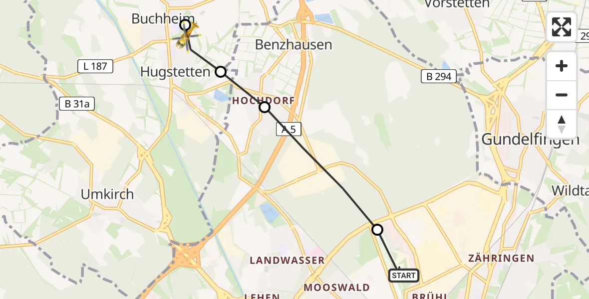 Routekaart van de vlucht: Rettungshubschrauber nach Buchheim, Sportplatzstraße