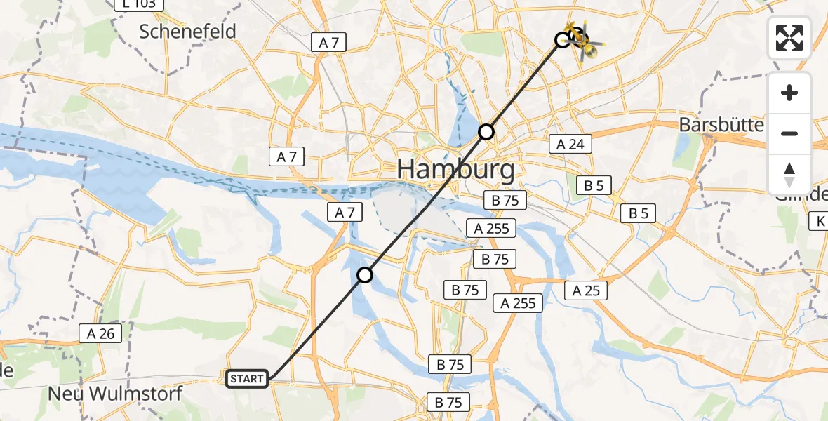 Flugroute Rettungshubschrauber Harburg - Hamburg Military Hospital, 17 März 2026, 08:54