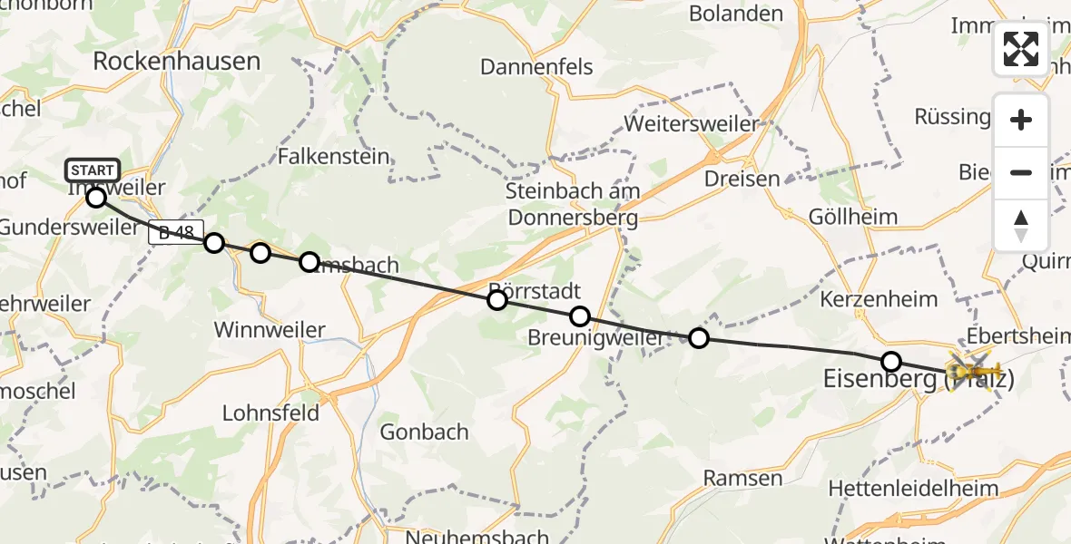 Flugroute Rettungshubschrauber Imsweiler UL - Eisenberg (Pfalz), 17 März 2026, 08:57