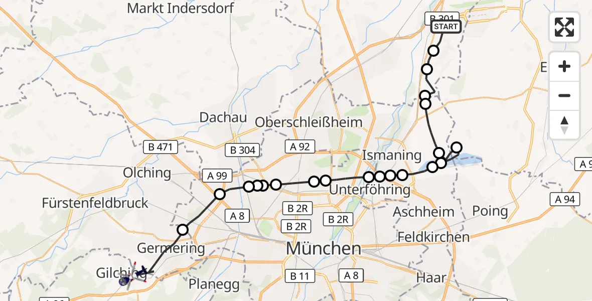 Flugroute Polizeihubschrauber Hallbergmoos - Argelsried, 17 März 2026, 09:04