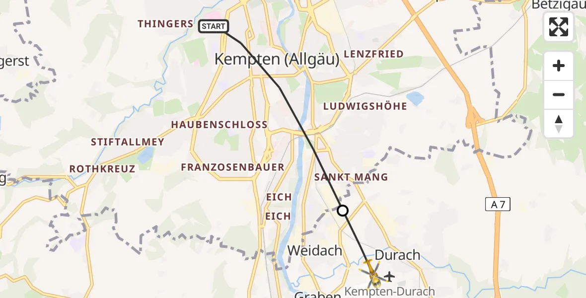 Flugroute Rettungshubschrauber Kempten (Allgäu) - Kempten-Durach Airfield, 17 März 2026, 09:05
