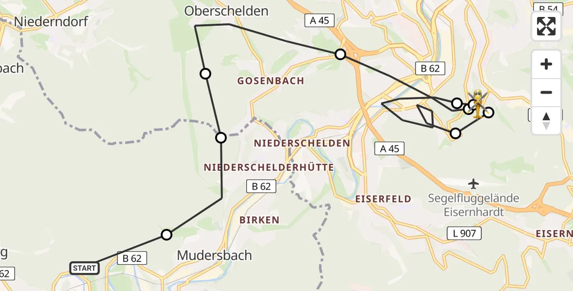 Flugroute Rettungshubschrauber Kirchen (Sieg) - Evangelisches Jung-Stilling Hospital, 17 März 2026, 09:24