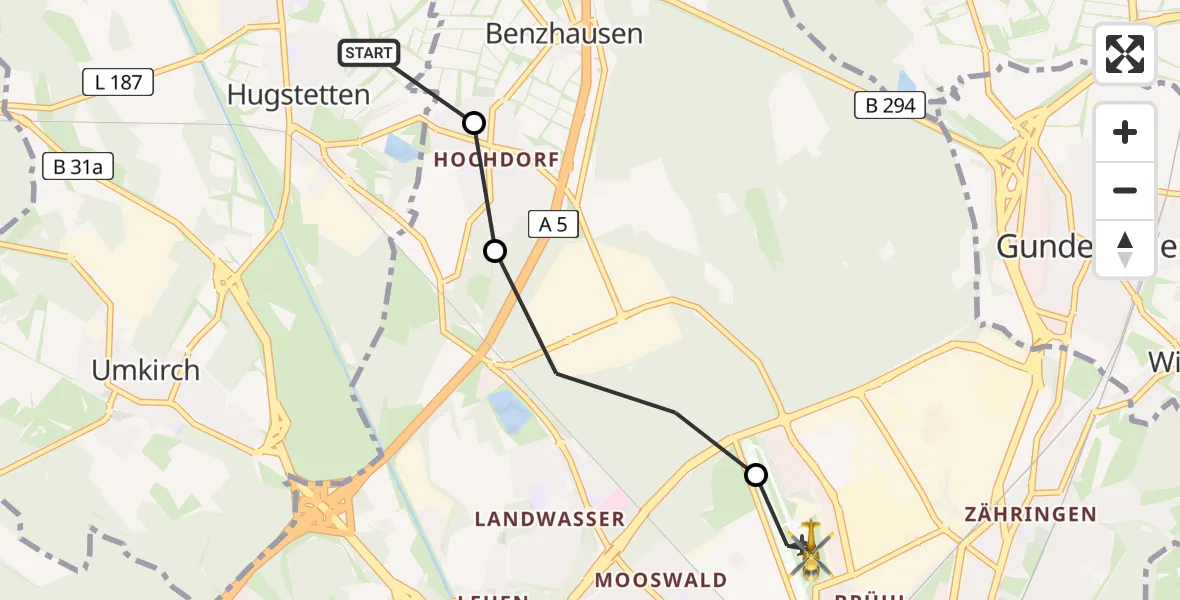 Flugroute Rettungshubschrauber Hugstetten - Freiburg im Breisgau Airfield, 17 März 2026, 09:29