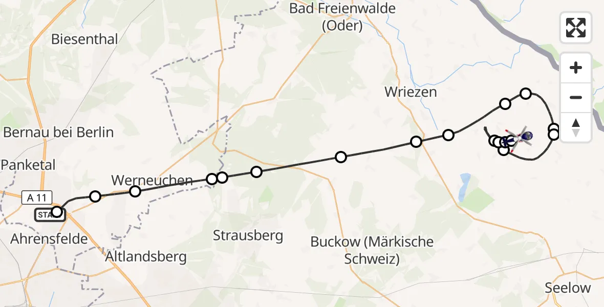 Flugroute Polizeihubschrauber Ahrensfelde Heliport - Neutrebbin, 17 März 2026, 09:36