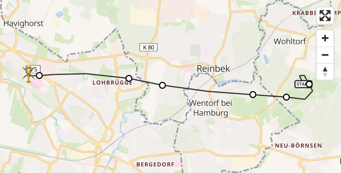 Routekaart van de vlucht: Ambulanzhubschrauber nach Christoph Hansa ADAC Helipad