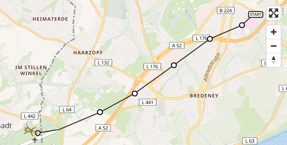 Flugroute Rettungshubschrauber Alfried Krupp Hospital - Essen-Mülheim Airport, 17 März 2026, 09:44