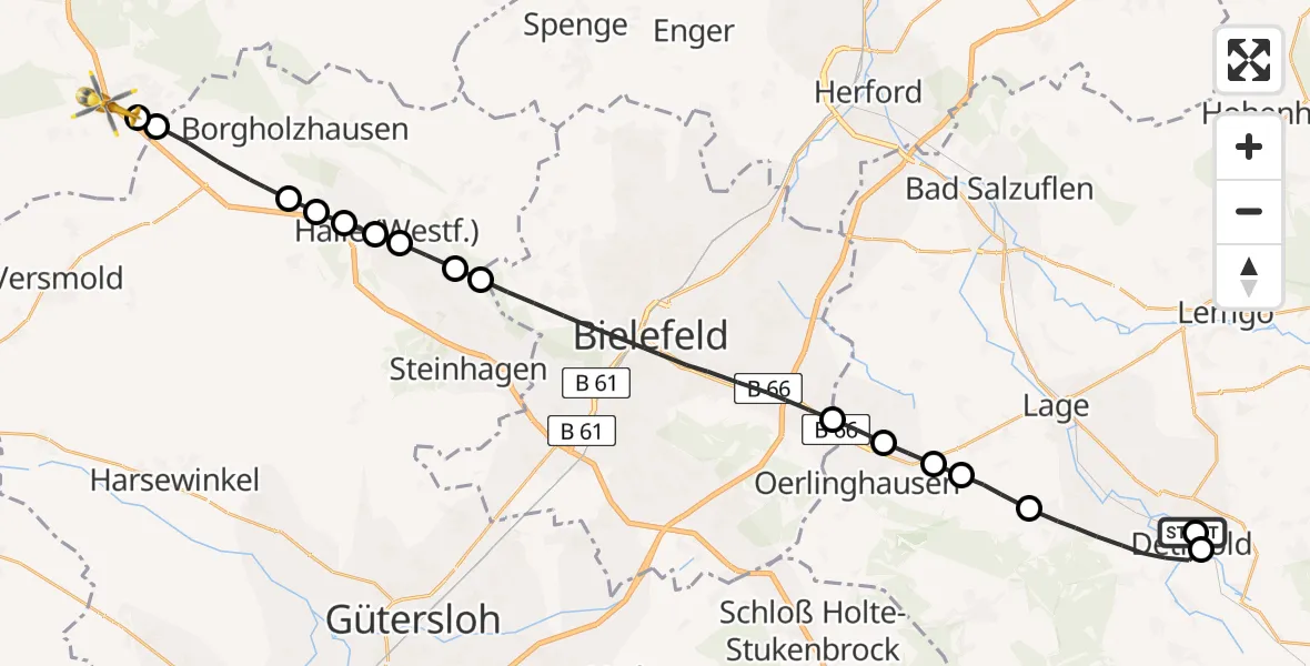Flugroute Ambulanzhubschrauber Detmold - Dissen am Teutoburger Wald, 17 März 2026, 09:49