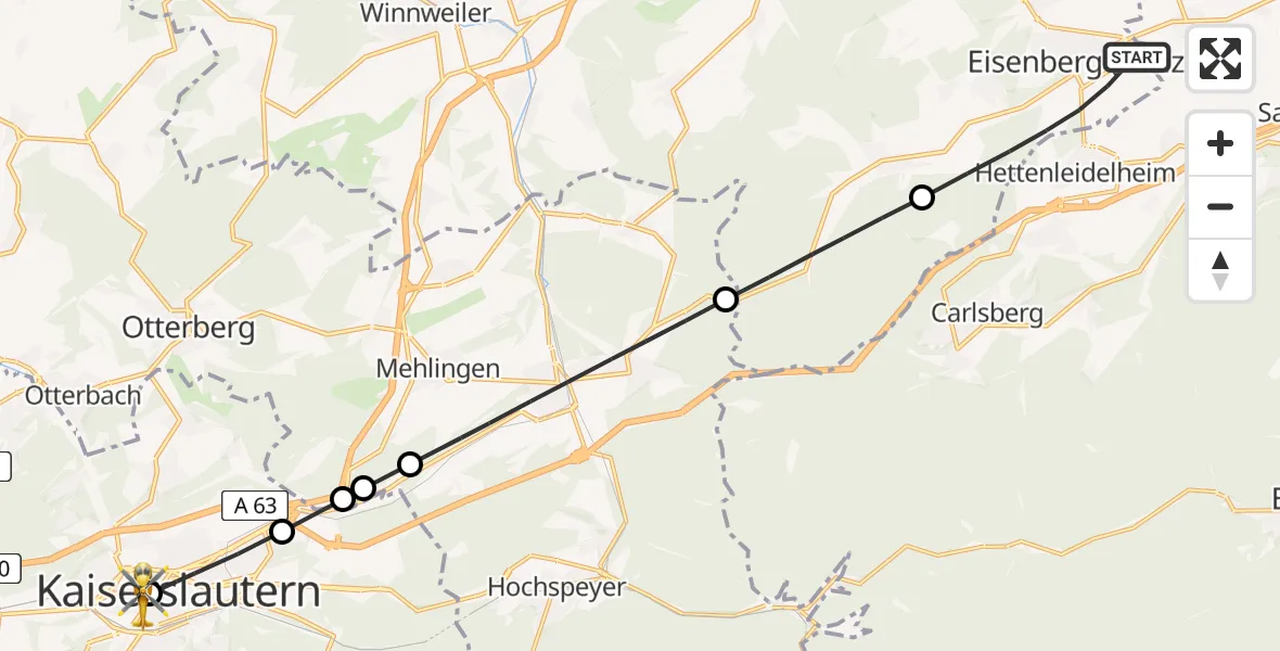 Routekaart van de vlucht: Rettungshubschrauber nach Westpfalz Hospital Kaiserslautern