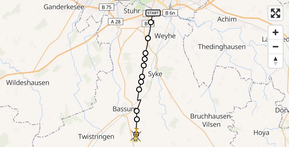 Flugroute Rettungshubschrauber Stuhr - Bassum, 17 März 2026, 09:57
