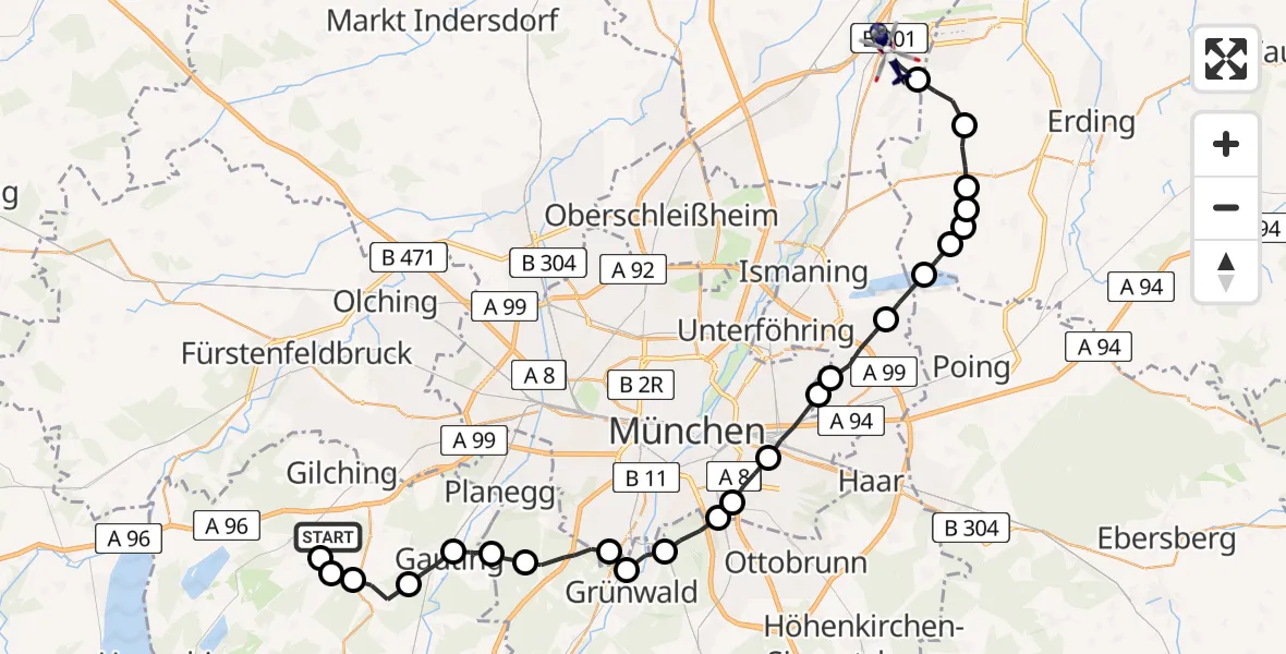 Flugroute Polizeihubschrauber Oberpfaffenhofen Airport - Hallbergmoos, 17 März 2026, 10:10