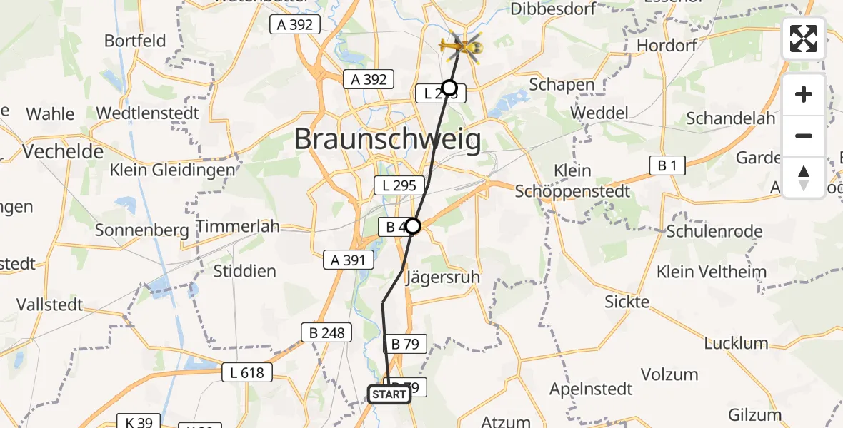 Flugroute Rettungshubschrauber Braunschweig-Süd - Wabe-Schunter-Beberbach, 17 März 2026, 10:11