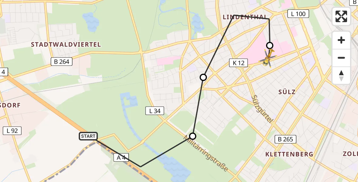 Flugroute Rettungshubschrauber Lindenthal - Köln University Hospital, 17 März 2026, 10:27