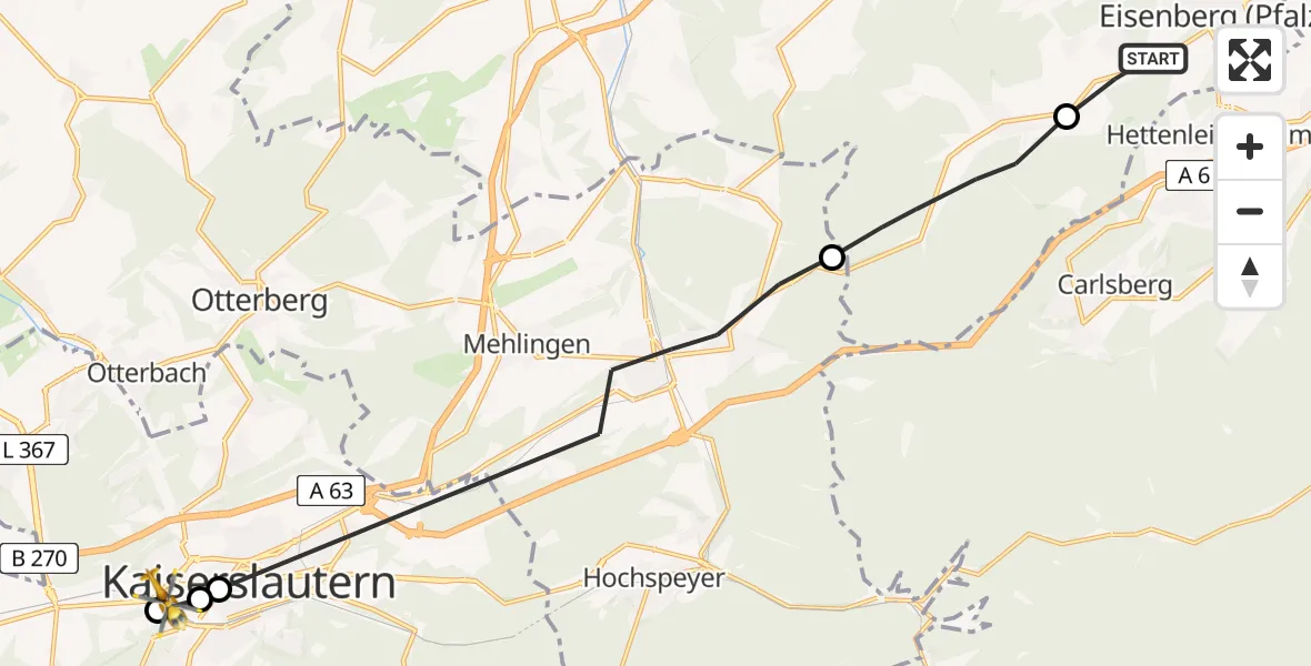 Flugroute Rettungshubschrauber Eisenberg (Pfalz) - Kaiserslautern, 17 März 2026, 10:30