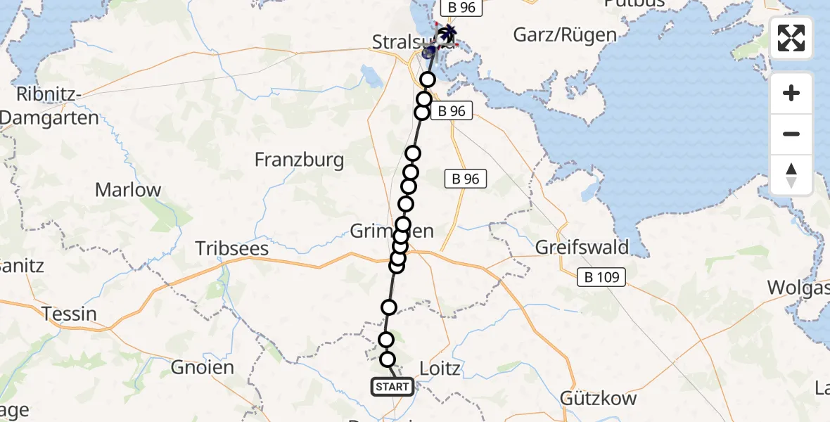 Flugroute Polizeihubschrauber Demmin - Stralsund, 17 März 2026, 10:35